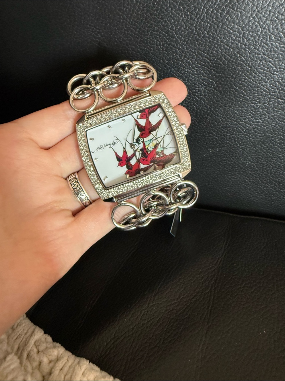 Ed Hardy and Swarovski Silver-Tone Chainlink Watch Bracelet with Tags